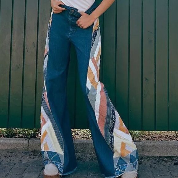 Free People  Stick By Your Side Patched Wide-Leg Jeans Flare Pants  Sz 28 - Picture 3 of 7